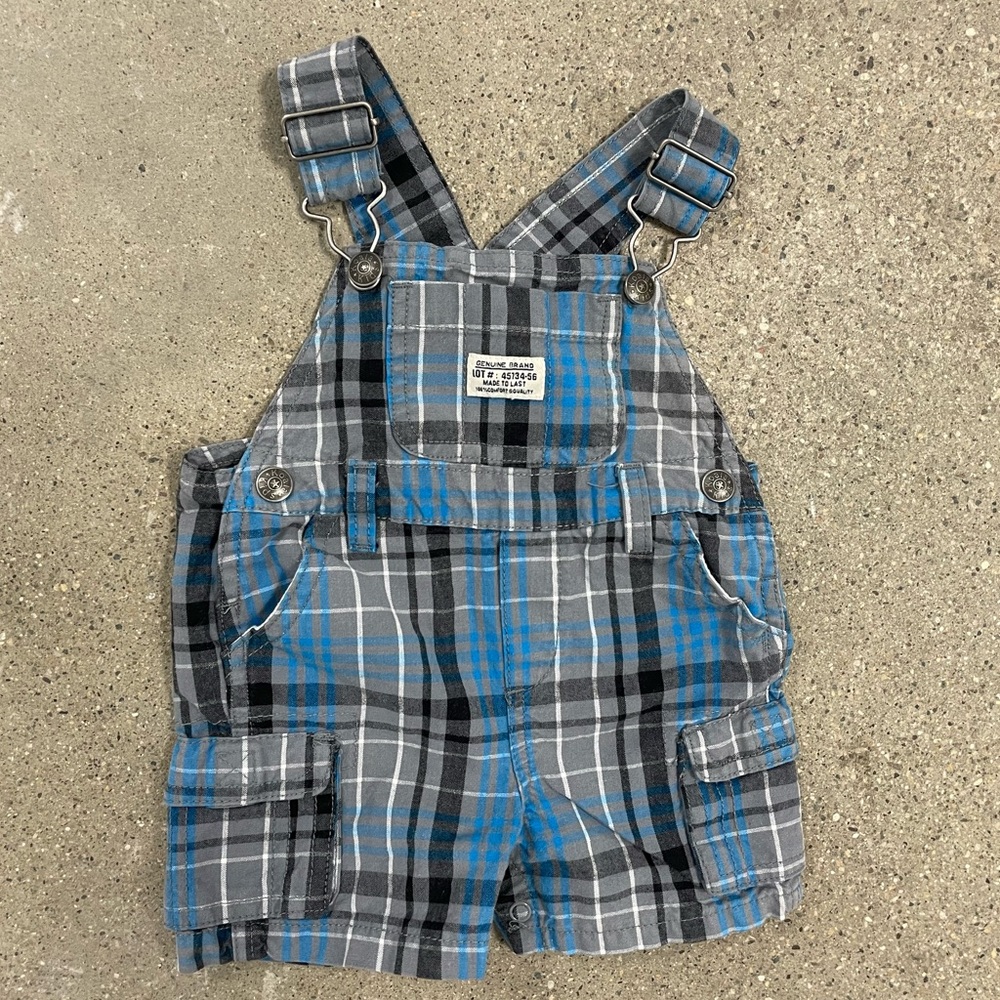 Blue plaid Koala Kids overalls shorts by BabiesRus - Baby size 6-9 months.
